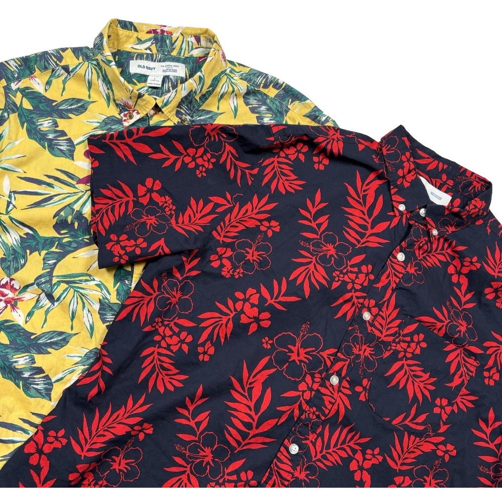Old Navy Hawaiian Shirts LOT OF 2 Mens L (FIT M) Tropical Bright Loud Built Flex